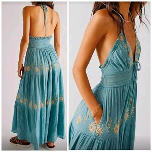 New Embroidered Floral Tie Halter Tiered Long Dress Blue
